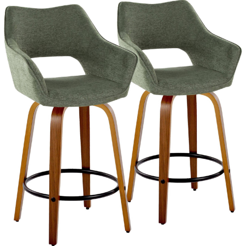 Mustang 26" Swivel Counter Stool in Walnut Wood & Green Fabric with Black Footrest (Set of 2)